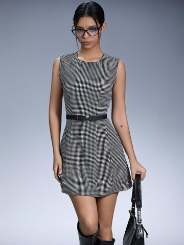 Aveloria Affinna Casual Ruched Tailored Houndstooth Print Bodycon Sleeveless Mini Dress
