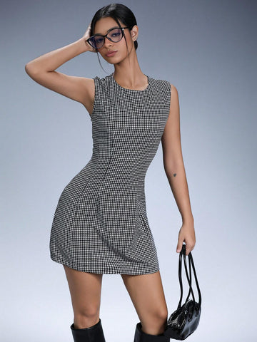 Aveloria Affinna Casual Ruched Tailored Houndstooth Print Bodycon Sleeveless Mini Dress