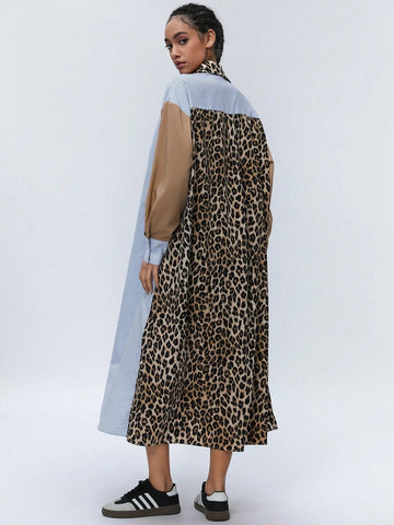 Aveloria Affinna College Style Young Fashion Classic Striped Color Block Leopard Patchwork Women Long Sleeve Shirt Dress