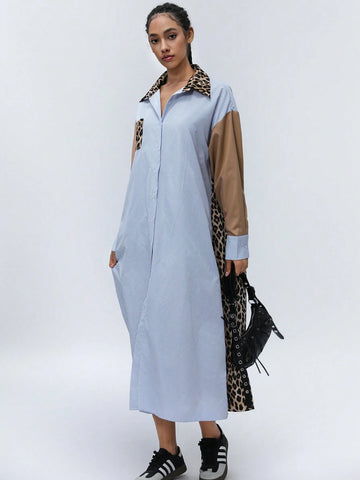 Aveloria Affinna College Style Young Fashion Classic Striped Color Block Leopard Patchwork Women Long Sleeve Shirt Dress