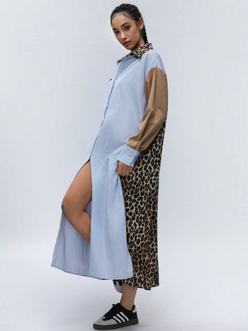 Aveloria Affinna College Style Young Fashion Classic Striped Color Block Leopard Patchwork Women Long Sleeve Shirt Dress