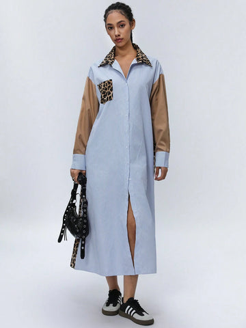 Aveloria Affinna College Style Young Fashion Classic Striped Color Block Leopard Patchwork Women Long Sleeve Shirt Dress