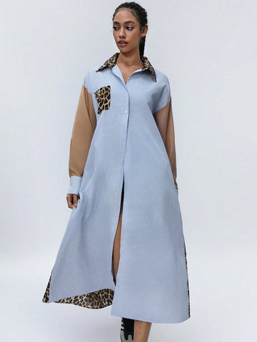 Aveloria Affinna College Style Young Fashion Classic Striped Color Block Leopard Patchwork Women Long Sleeve Shirt Dress