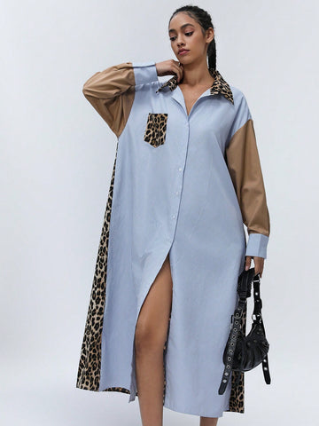 Aveloria Affinna College Style Young Fashion Classic Striped Color Block Leopard Patchwork Women Long Sleeve Shirt Dress