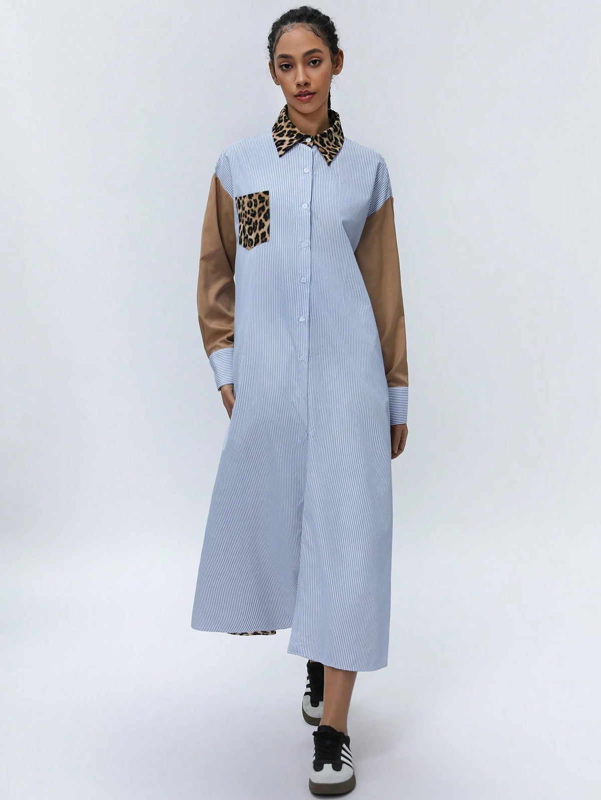 Aveloria Affinna College Style Young Fashion Classic Striped Color Block Leopard Patchwork Women Long Sleeve Shirt Dress