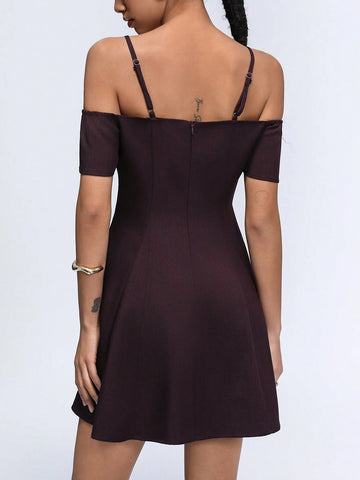 Aveloria Affinna Deep Red-Brown Cami Off Shoulder Mini V-Neck Butterfly Tie Design Simple Versatile Women Dress