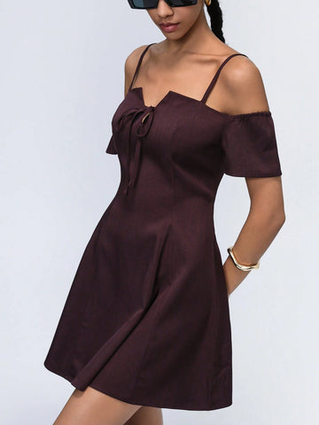 Aveloria Affinna Deep Red-Brown Cami Off Shoulder Mini V-Neck Butterfly Tie Design Simple Versatile Women Dress