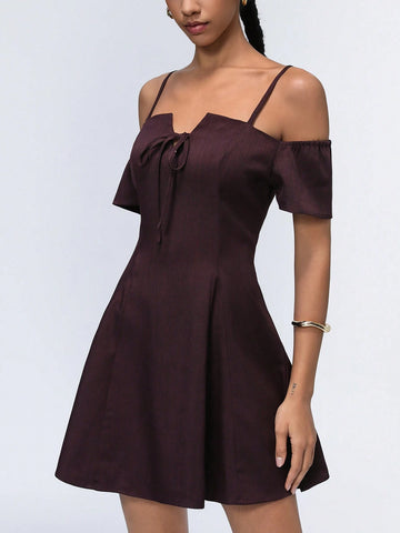 Aveloria Affinna Deep Red-Brown Cami Off Shoulder Mini V-Neck Butterfly Tie Design Simple Versatile Women Dress