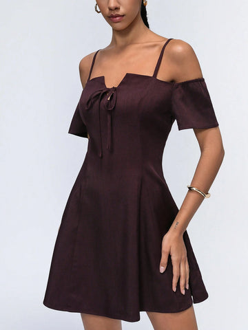Aveloria Affinna Deep Red-Brown Cami Off Shoulder Mini V-Neck Butterfly Tie Design Simple Versatile Women Dress