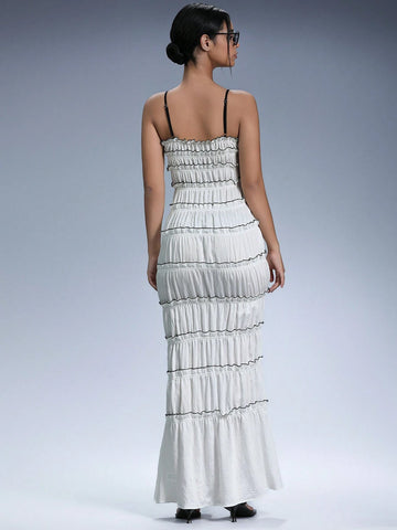 Aveloria Affinna Elegant Ripped Design Cake Skirt Women's Contrast Trim Spaghetti Strap Ruched Waist Bow Decor Bodycon Dress