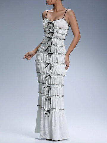 Aveloria Affinna Elegant Ripped Design Cake Skirt Women's Contrast Trim Spaghetti Strap Ruched Waist Bow Decor Bodycon Dress