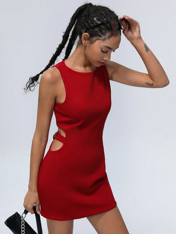 Aveloria Affinna Textured Material Valentine's/New Year Red Short Dress With Waist Cinching, Hollow Out Detail, Simple Design For Women