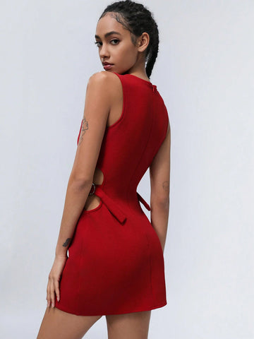 Aveloria Affinna Textured Material Valentine's/New Year Red Short Dress With Waist Cinching, Hollow Out Detail, Simple Design For Women