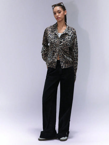 Affinna Trendy Classic Leopard Print Casual Versatile Long Sleeve Cropped Shirt