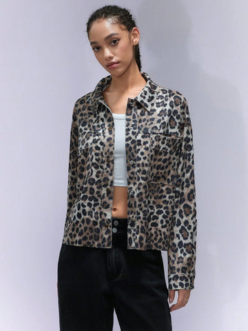 Affinna Trendy Classic Leopard Print Casual Versatile Long Sleeve Cropped Shirt
