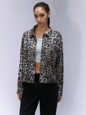 Affinna Trendy Classic Leopard Print Casual Versatile Long Sleeve Cropped Shirt