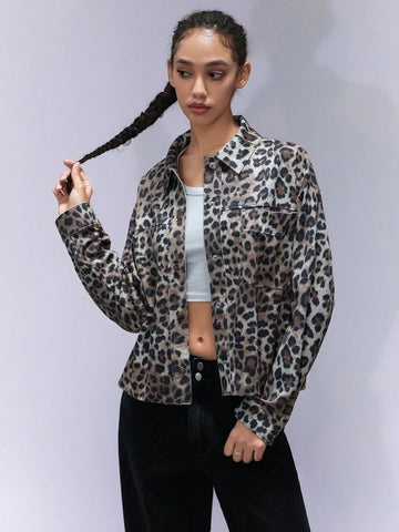 Affinna Trendy Classic Leopard Print Casual Versatile Long Sleeve Cropped Shirt