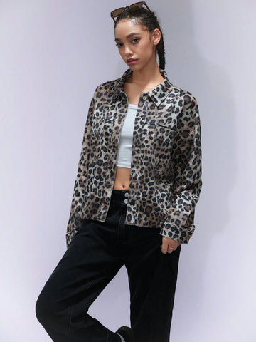 Affinna Trendy Classic Leopard Print Casual Versatile Long Sleeve Cropped Shirt