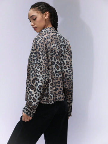 Affinna Trendy Classic Leopard Print Casual Versatile Long Sleeve Cropped Shirt