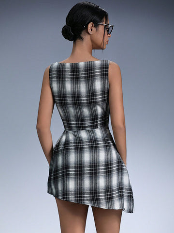 Aveloria Affinna Vintage Niche Design Plaid Ruffle Hem Asymmetrical Fitted Slim Dress For Women