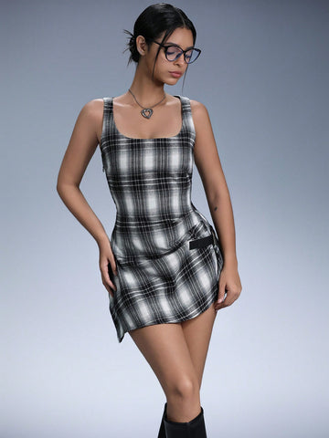 Aveloria Affinna Vintage Niche Design Plaid Ruffle Hem Asymmetrical Fitted Slim Dress For Women