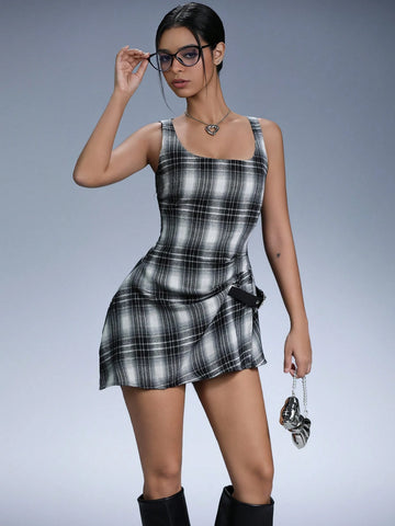 Aveloria Affinna Vintage Niche Design Plaid Ruffle Hem Asymmetrical Fitted Slim Dress For Women