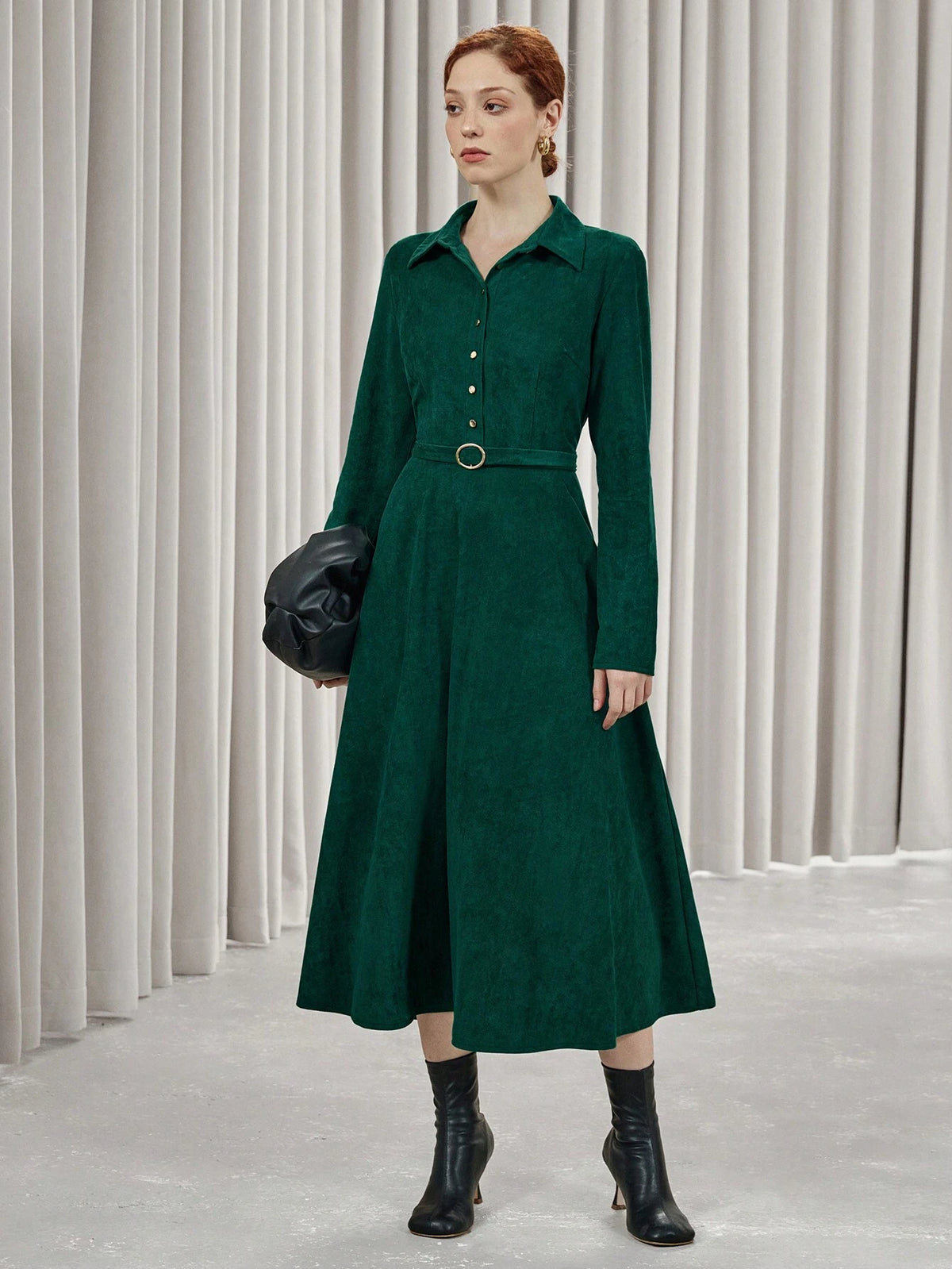 Aveloria Affinna Vintage Suede Flared Waist-Cinched Long Sleeve Midi Dress For Women