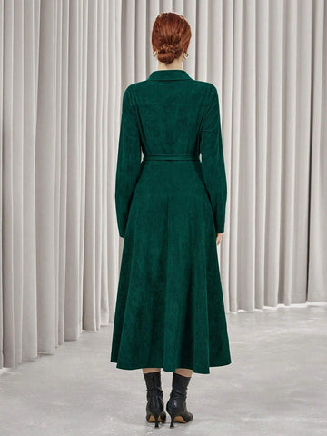 Aveloria Affinna Vintage Suede Flared Waist-Cinched Long Sleeve Midi Dress For Women