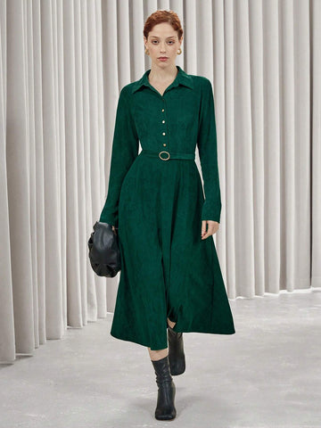 Aveloria Affinna Vintage Suede Flared Waist-Cinched Long Sleeve Midi Dress For Women