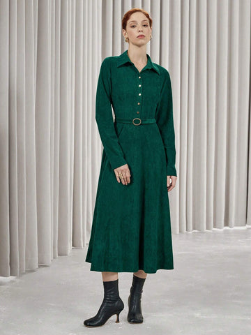 Aveloria Affinna Vintage Suede Flared Waist-Cinched Long Sleeve Midi Dress For Women