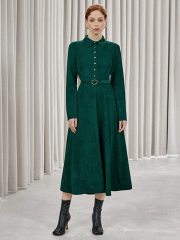 Aveloria Affinna Vintage Suede Flared Waist-Cinched Long Sleeve Midi Dress For Women