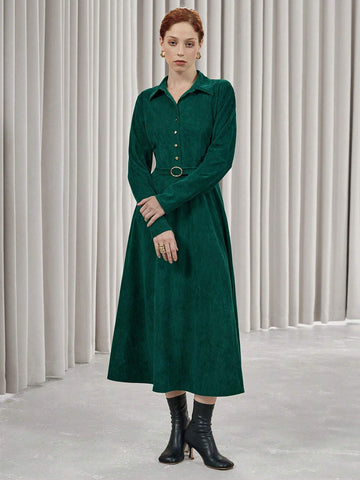 Aveloria Affinna Vintage Suede Flared Waist-Cinched Long Sleeve Midi Dress For Women