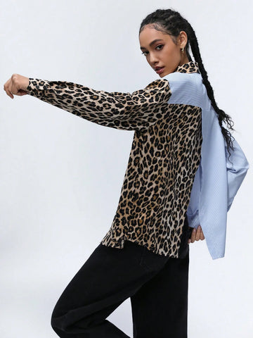 Aveloria Affinna Women's Turndown Collar Striped Splice Random Leopard Color Block Trendy Long Sleeve Shirt, Spring Outfit