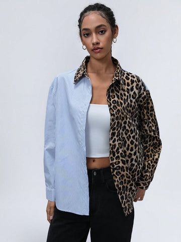 Aveloria Affinna Women's Turndown Collar Striped Splice Random Leopard Color Block Trendy Long Sleeve Shirt, Spring Outfit