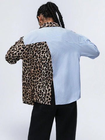 Aveloria Affinna Women's Turndown Collar Striped Splice Random Leopard Color Block Trendy Long Sleeve Shirt, Spring Outfit