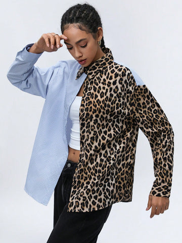 Aveloria Affinna Women's Turndown Collar Striped Splice Random Leopard Color Block Trendy Long Sleeve Shirt, Spring Outfit