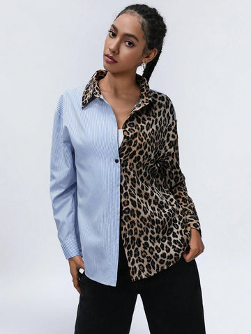 Aveloria Affinna Women's Turndown Collar Striped Splice Random Leopard Color Block Trendy Long Sleeve Shirt, Spring Outfit