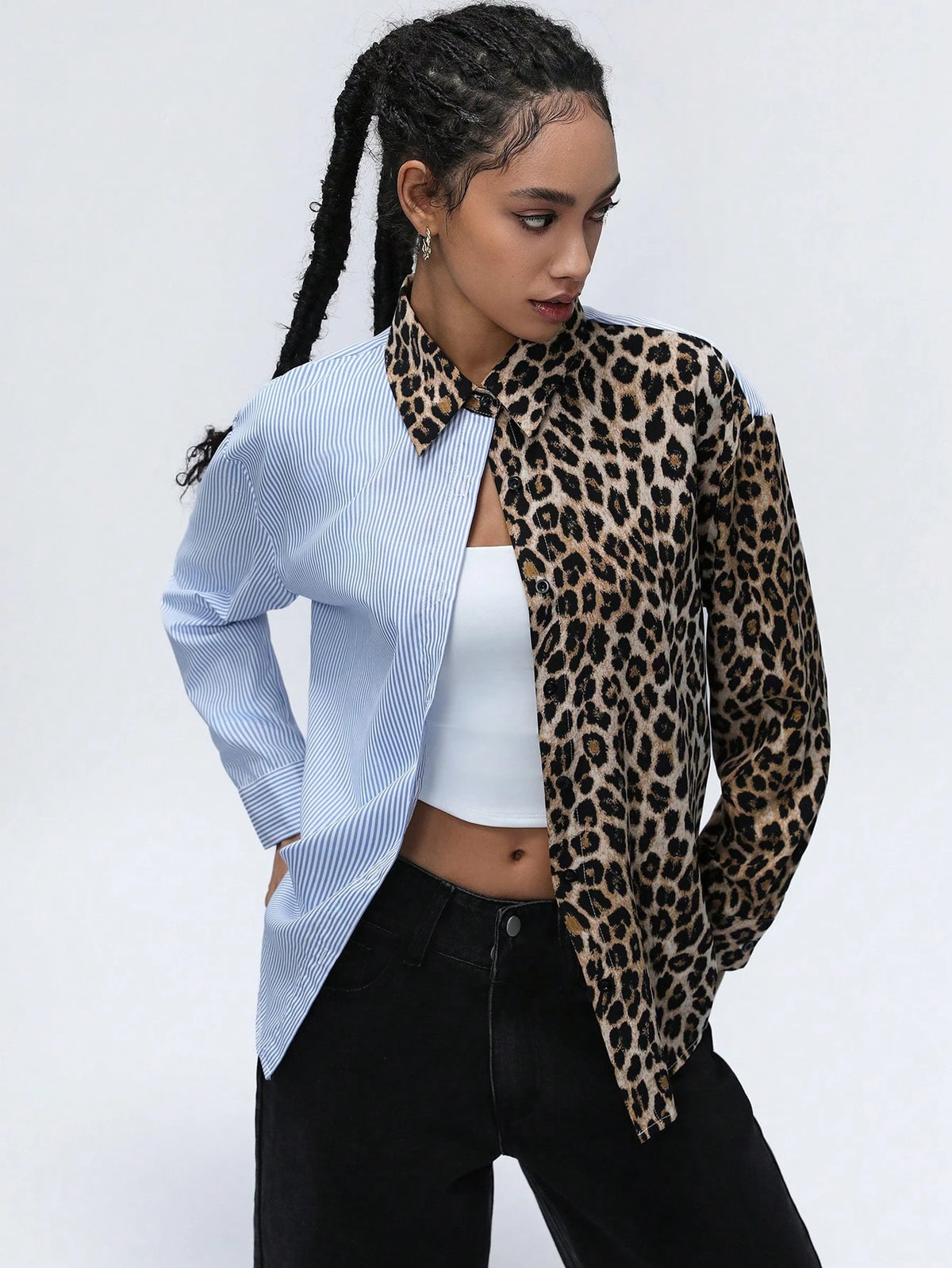 Aveloria Affinna Women's Turndown Collar Striped Splice Random Leopard Color Block Trendy Long Sleeve Shirt, Spring Outfit