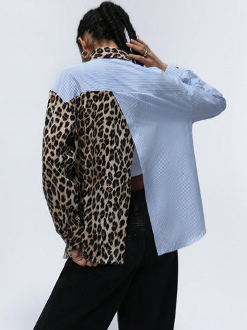 Aveloria Affinna Women's Turndown Collar Striped Splice Random Leopard Color Block Trendy Long Sleeve Shirt, Spring Outfit