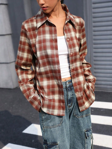 Women's Vintage Brushed Plaid Button-Down Collared Shirt, Versatile For Autumn, British Academic Style