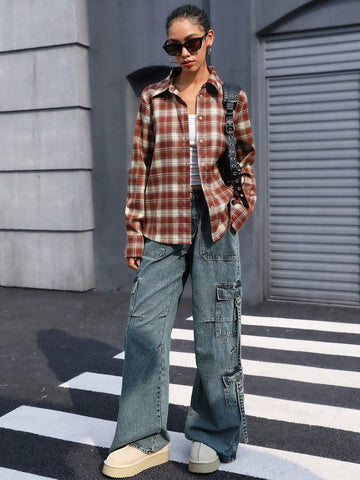 Women's Vintage Brushed Plaid Button-Down Collared Shirt, Versatile For Autumn, British Academic Style