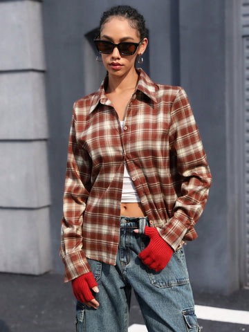 Women's Vintage Brushed Plaid Button-Down Collared Shirt, Versatile For Autumn, British Academic Style