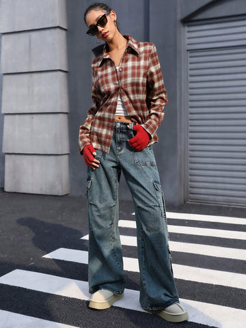 Women's Vintage Brushed Plaid Button-Down Collared Shirt, Versatile For Autumn, British Academic Style