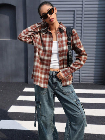 Women's Vintage Brushed Plaid Button-Down Collared Shirt, Versatile For Autumn, British Academic Style