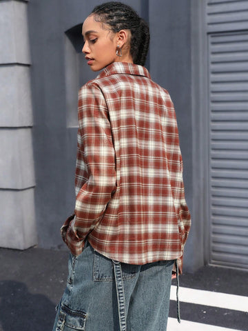 Women's Vintage Brushed Plaid Button-Down Collared Shirt, Versatile For Autumn, British Academic Style