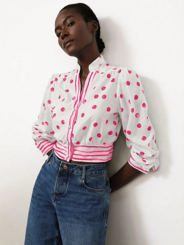 Women's V-Neck Patchwork Striped Short Fitted Blouse With Elegant French Romantic Blue And White Polka Dot Print