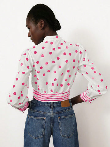 Women's V-Neck Patchwork Striped Short Fitted Blouse With Elegant French Romantic Blue And White Polka Dot Print