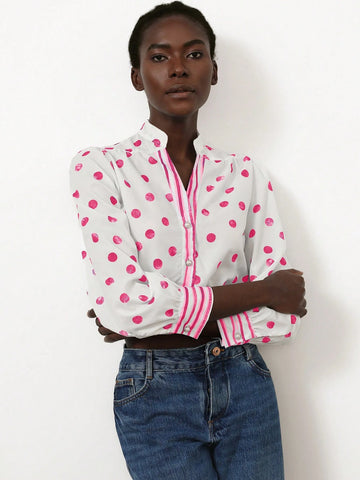 Women's V-Neck Patchwork Striped Short Fitted Blouse With Elegant French Romantic Blue And White Polka Dot Print