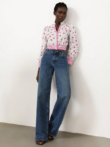 Women's V-Neck Patchwork Striped Short Fitted Blouse With Elegant French Romantic Blue And White Polka Dot Print