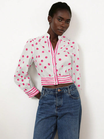 Women's V-Neck Patchwork Striped Short Fitted Blouse With Elegant French Romantic Blue And White Polka Dot Print